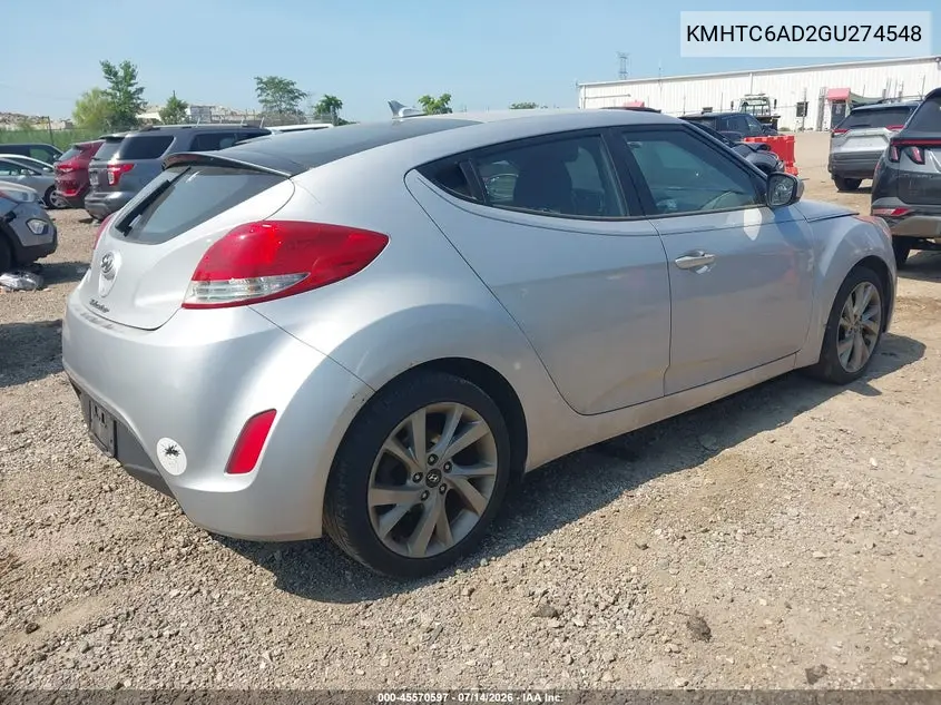 2016 Hyundai Veloster VIN: KMHTC6AD2GU274548 Lot: 45570597