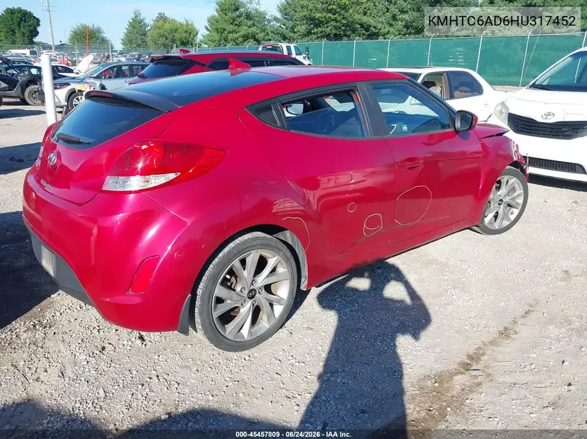 2017 Hyundai Veloster VIN: KMHTC6AD6HU317452 Lot: 45457809