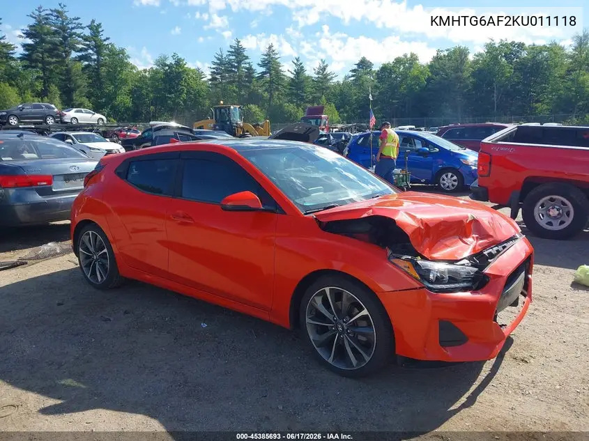 2019 Hyundai Veloster 2.0 Premium VIN: KMHTG6AF2KU011118 Lot: 45385693