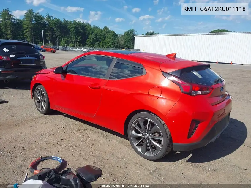 2019 Hyundai Veloster 2.0 Premium VIN: KMHTG6AF2KU011118 Lot: 45385693
