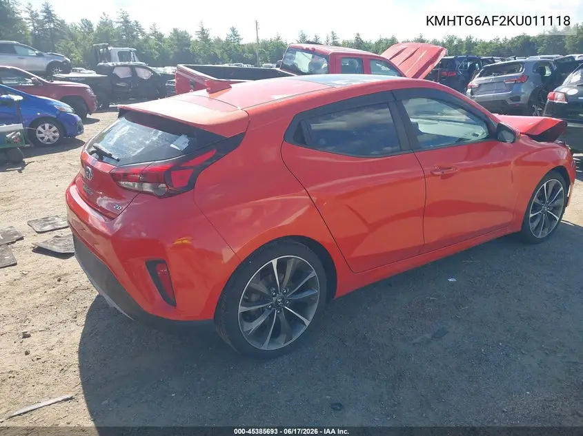 2019 Hyundai Veloster 2.0 Premium VIN: KMHTG6AF2KU011118 Lot: 45385693