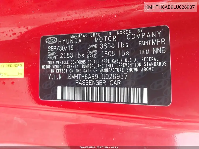 2020 Hyundai Veloster Turbo VIN: KMHTH6AB9LU026937 Lot: 45552792