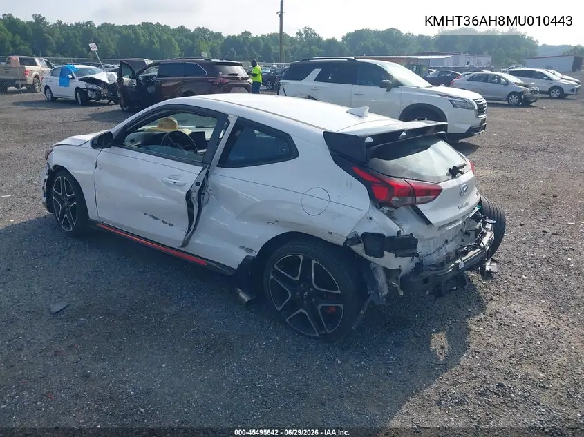 2021 Hyundai Veloster N VIN: KMHT36AH8MU010443 Lot: 45495642