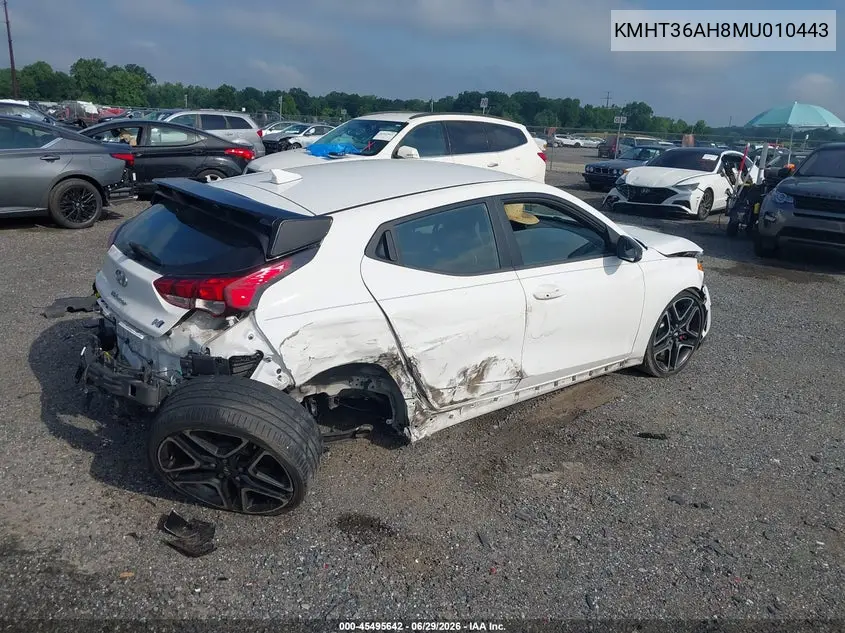 2021 Hyundai Veloster N VIN: KMHT36AH8MU010443 Lot: 45495642
