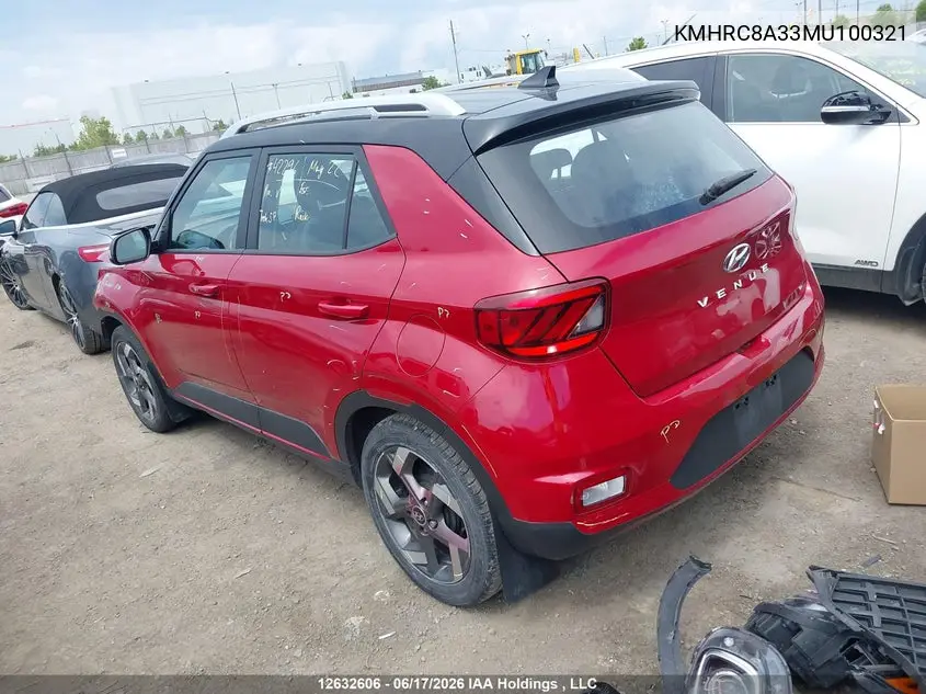 2021 Hyundai Venue VIN: KMHRC8A33MU100321 Lot: 12632606