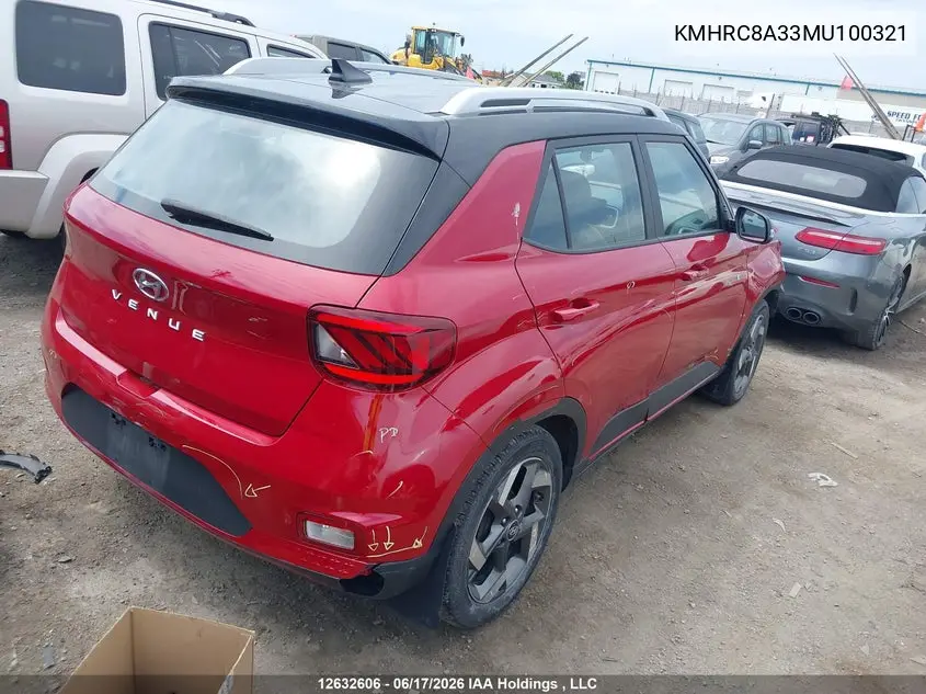 2021 Hyundai Venue VIN: KMHRC8A33MU100321 Lot: 12632606