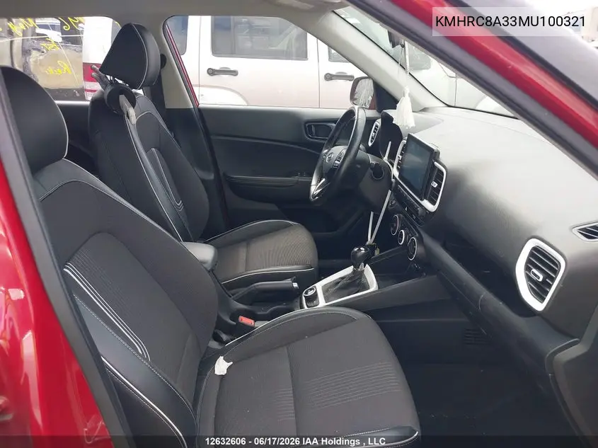 2021 Hyundai Venue VIN: KMHRC8A33MU100321 Lot: 12632606