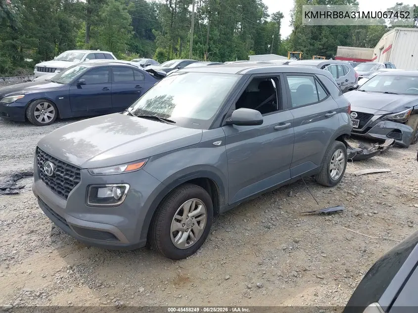 2021 Hyundai Venue Se VIN: KMHRB8A31MU067452 Lot: 45458249
