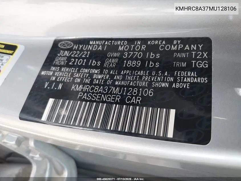 2021 Hyundai Venue Sel VIN: KMHRC8A37MU128106 Lot: 45620371