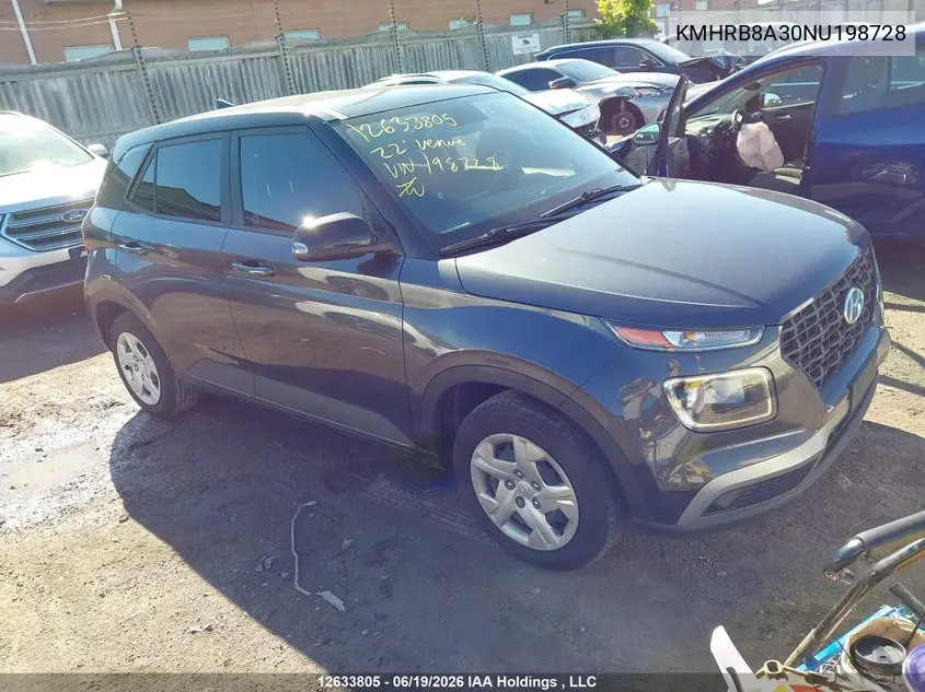 2022 Hyundai Venue VIN: KMHRB8A30NU198728 Lot: 12633805