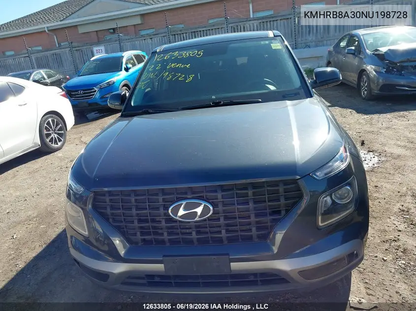 2022 Hyundai Venue VIN: KMHRB8A30NU198728 Lot: 12633805