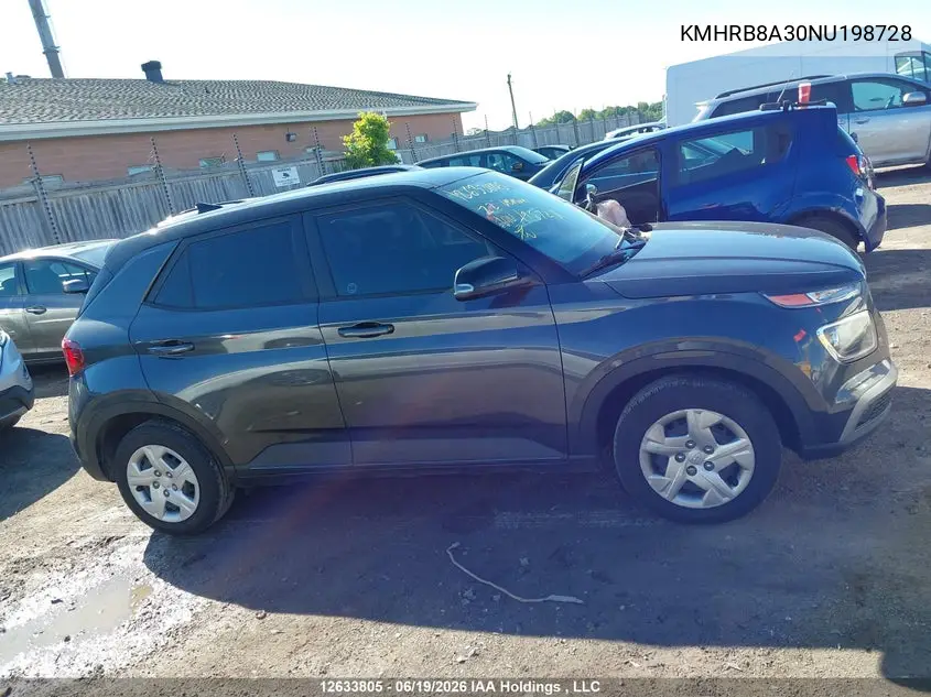 2022 Hyundai Venue VIN: KMHRB8A30NU198728 Lot: 12633805