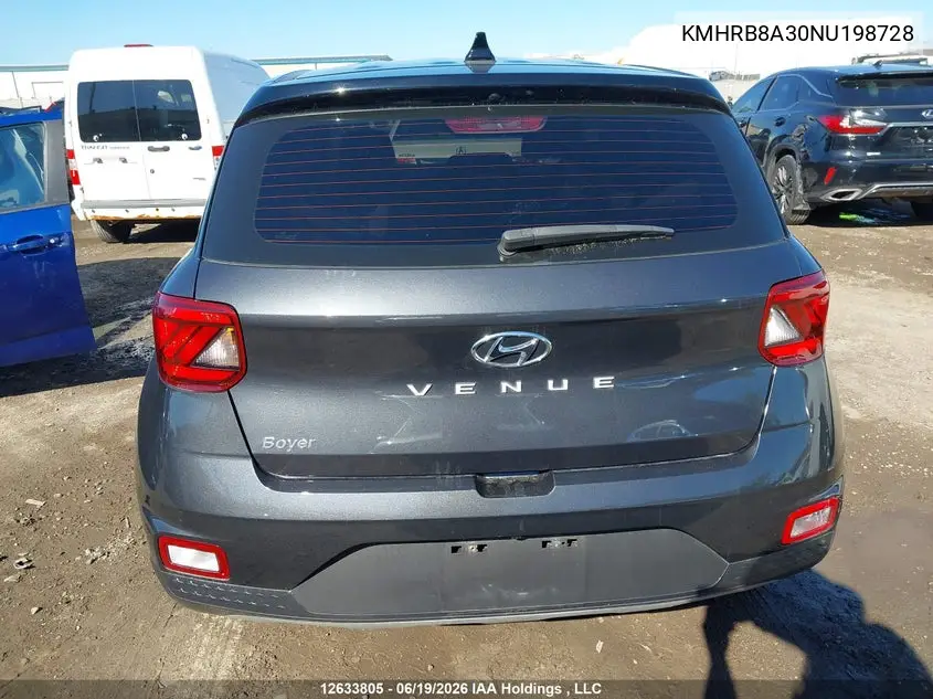 2022 Hyundai Venue VIN: KMHRB8A30NU198728 Lot: 12633805