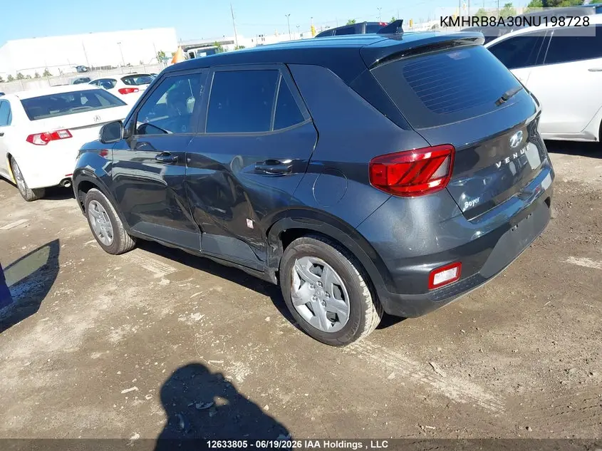 2022 Hyundai Venue VIN: KMHRB8A30NU198728 Lot: 12633805