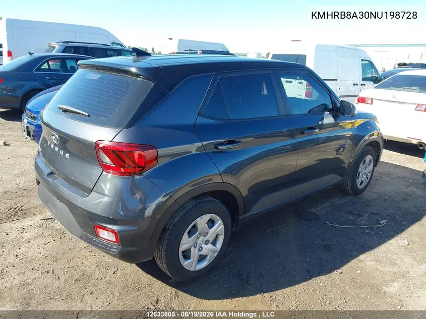 2022 Hyundai Venue VIN: KMHRB8A30NU198728 Lot: 12633805