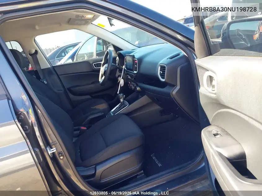 2022 Hyundai Venue VIN: KMHRB8A30NU198728 Lot: 12633805
