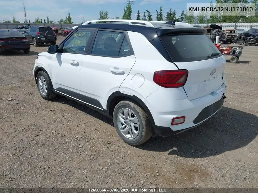 2022 Hyundai Venue Preferred With Two-Tone Body Colour VIN: KMHRC8A32NU171060 Lot: 12650666