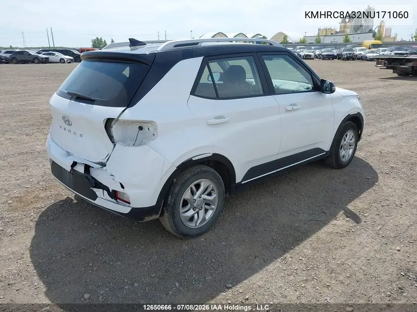 2022 Hyundai Venue Preferred With Two-Tone Body Colour VIN: KMHRC8A32NU171060 Lot: 12650666