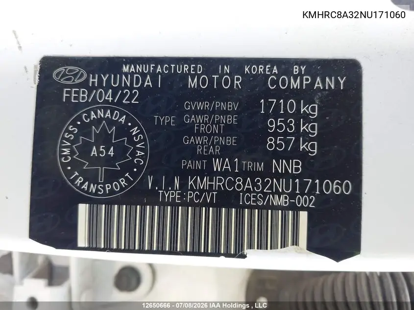 2022 Hyundai Venue Preferred With Two-Tone Body Colour VIN: KMHRC8A32NU171060 Lot: 12650666