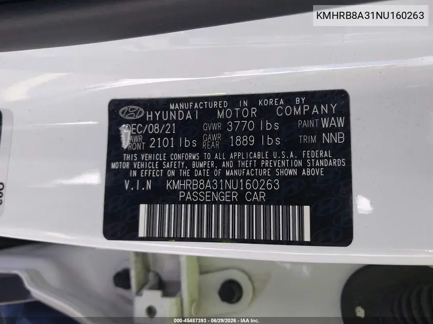 2022 Hyundai Venue Se VIN: KMHRB8A31NU160263 Lot: 45487393