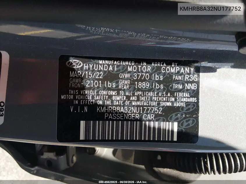 2022 Hyundai Venue Se VIN: KMHRB8A32NU177752 Lot: 45525925