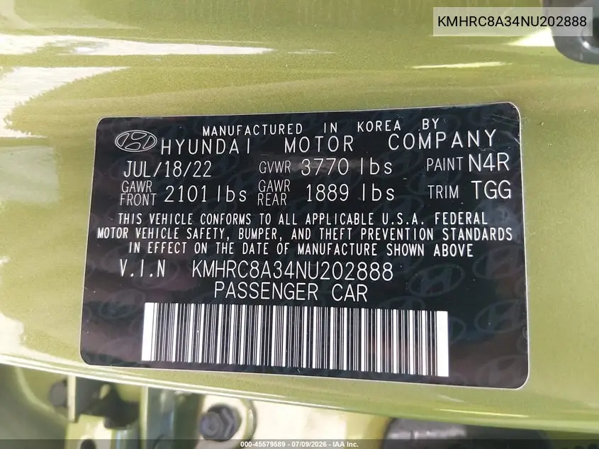 2022 Hyundai Venue Sel VIN: KMHRC8A34NU202888 Lot: 45579589