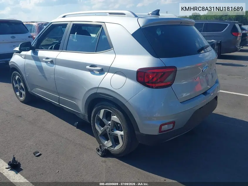 2022 Hyundai Venue Sel VIN: KMHRC8A31NU181689 Lot: 45595689