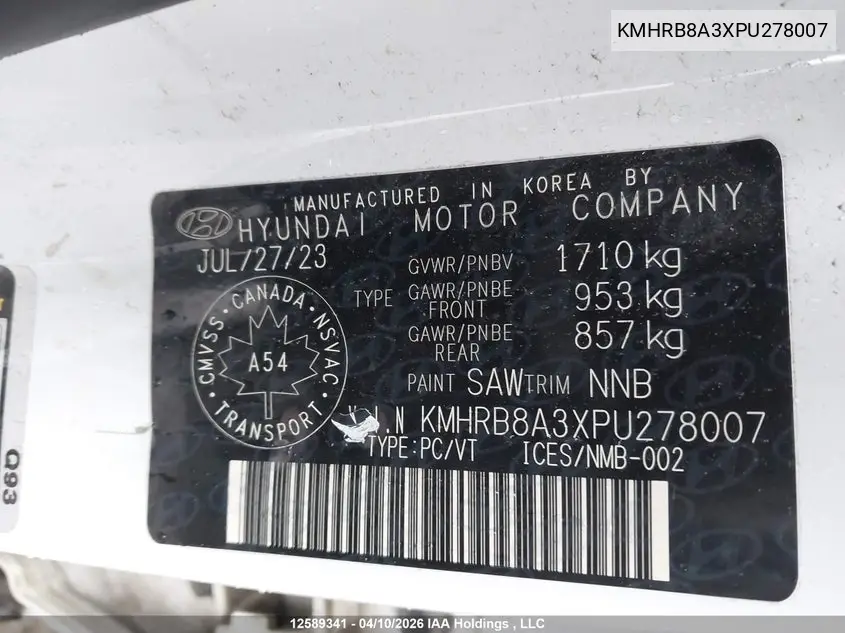 2023 Hyundai Venue Essential VIN: KMHRB8A3XPU278007 Lot: 12589341