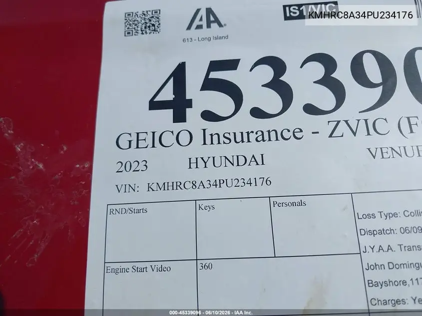 2023 Hyundai Venue Sel VIN: KMHRC8A34PU234176 Lot: 45339096