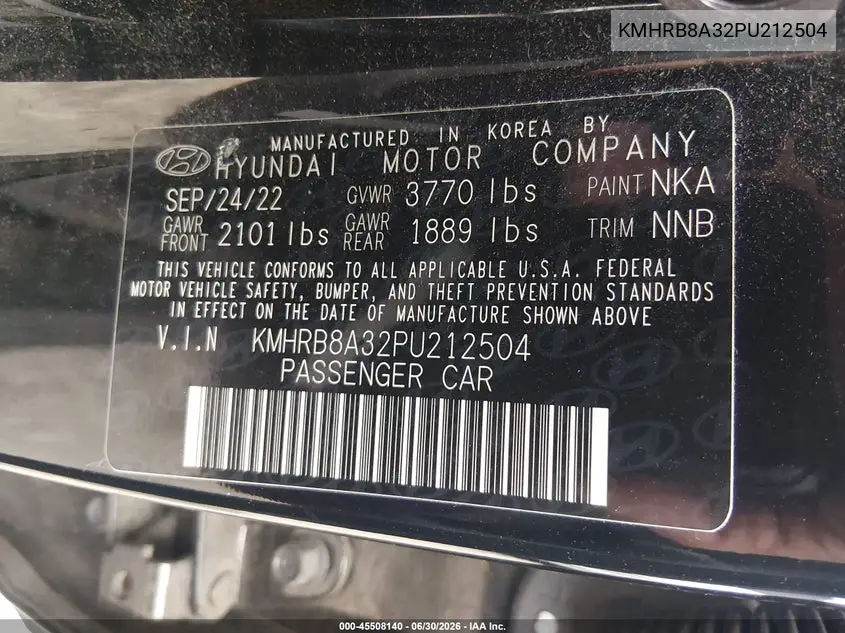 2023 Hyundai Venue Se VIN: KMHRB8A32PU212504 Lot: 60602056