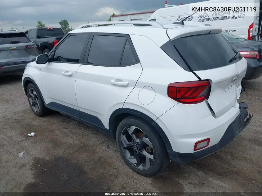2023 Hyundai Venue Sel VIN: KMHRC8A30PU251119 Lot: 45551296
