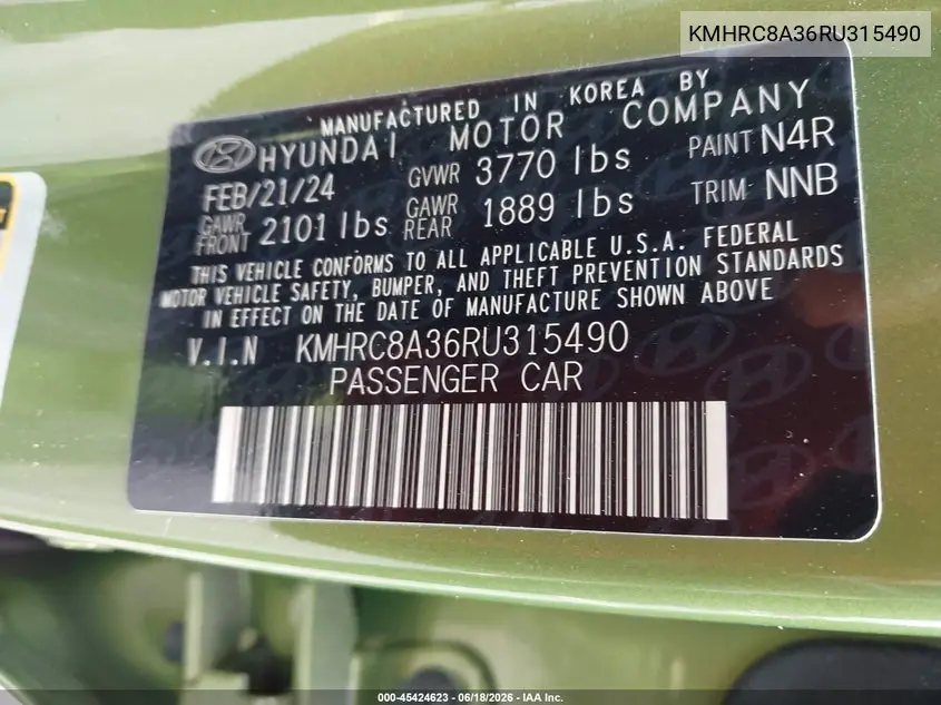 2024 Hyundai Venue Sel VIN: KMHRC8A36RU315490 Lot: 45424623