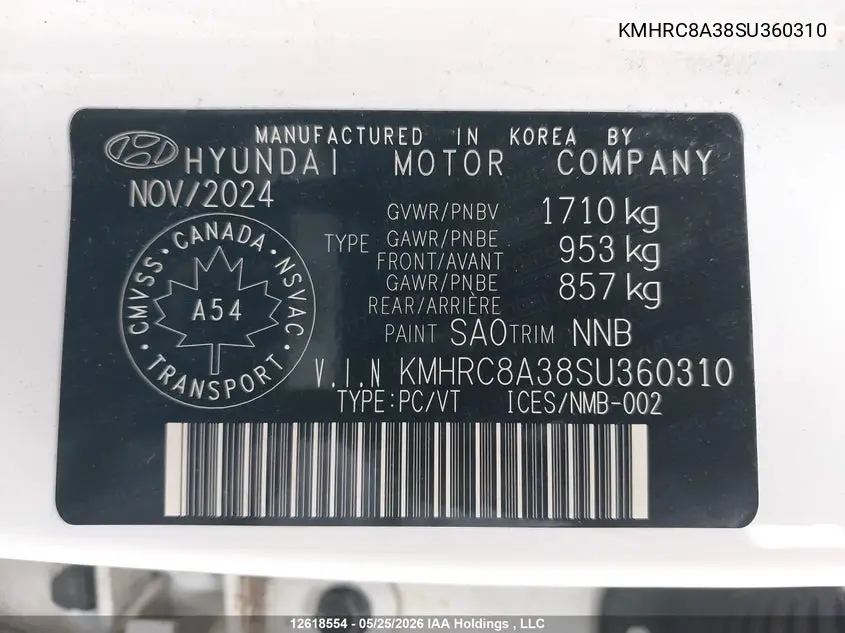 2025 Hyundai Venue Preferred W/Two-Tone VIN: KMHRC8A38SU360310 Lot: 12618554
