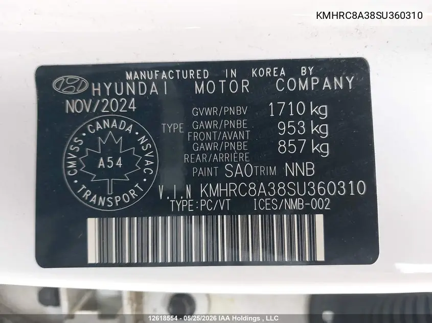 2025 Hyundai Venue Preferred W/Two-Tone VIN: KMHRC8A38SU360310 Lot: 12618554