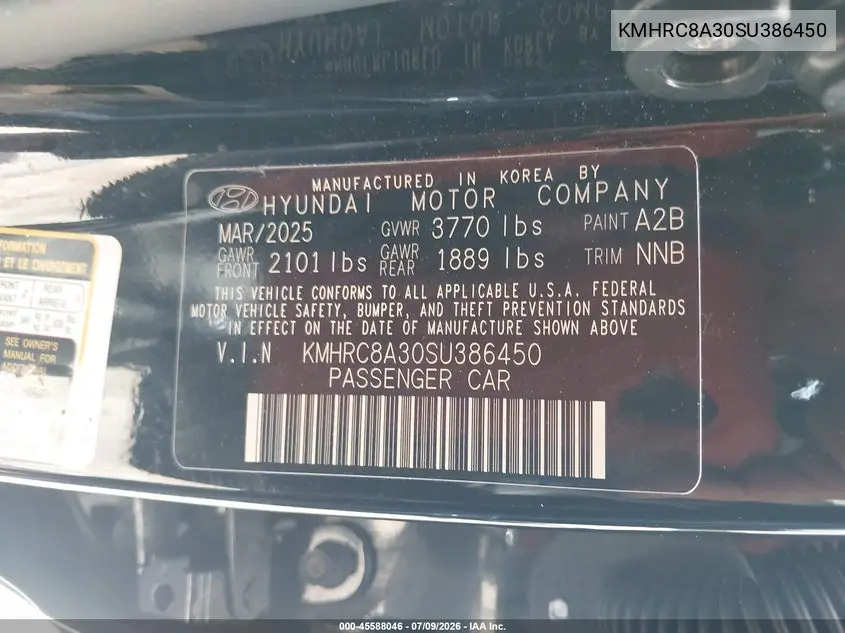 2025 Hyundai Venue Sel VIN: KMHRC8A30SU386450 Lot: 45588046