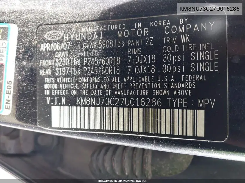 2007 Hyundai Veracruz Gls/Limited/Se VIN: KM8NU73C27U016286 Lot: 44238796