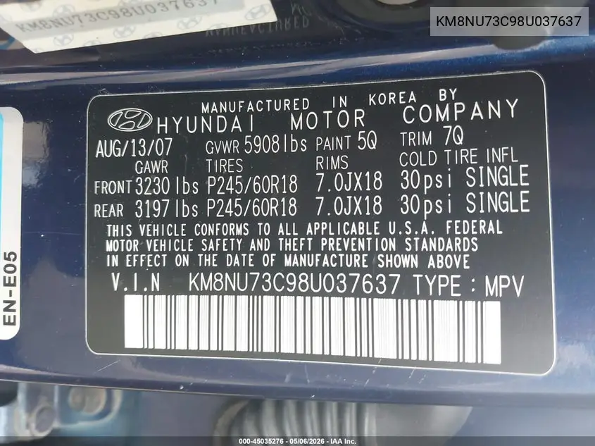 2008 Hyundai Veracruz VIN: KM8NU73C98U037637 Lot: 45035276