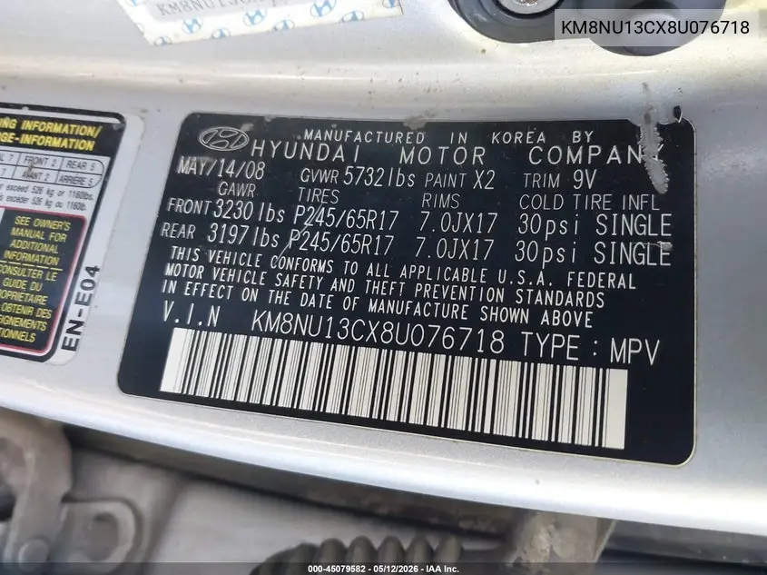 2008 Hyundai Veracruz Gls/Limited/Se VIN: KM8NU13CX8U076718 Lot: 45079582