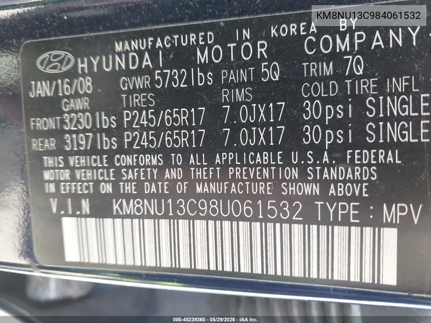 2008 Hyundai Veracruz Gls/Se/Limited VIN: KM8NU13C98U061532 Lot: 45239360