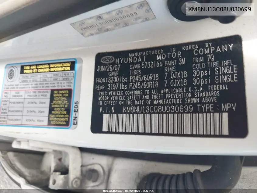 2008 Hyundai Veracruz Gls/Limited/Se VIN: KM8NU13C08U030699 Lot: 45451649