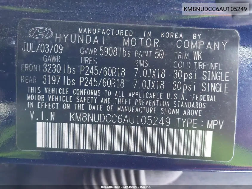 2010 Hyundai Veracruz Limited VIN: KM8NUDCC6AU105249 Lot: 44838668