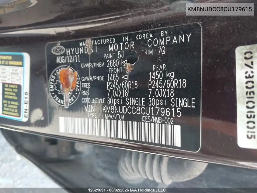 2012 Hyundai Veracruz Gls/Limited VIN: KM8NUDCC8CU179615 Lot: 12621691