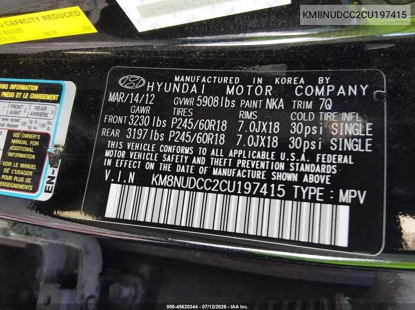 2012 Hyundai Veracruz Limited VIN: KM8NUDCC2CU197415 Lot: 45620344