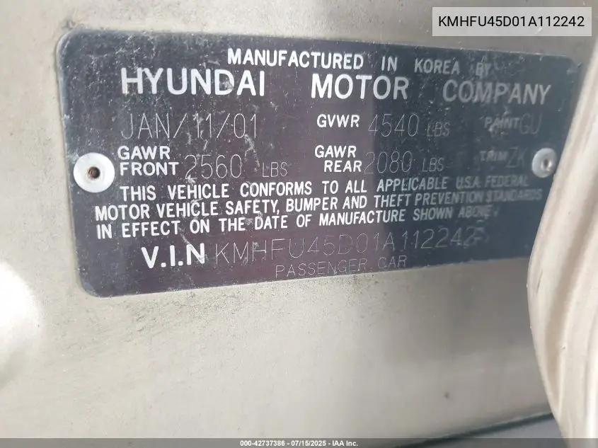 2001 Hyundai Xg300 L VIN: KMHFU45D01A112242 Lot: 42737386