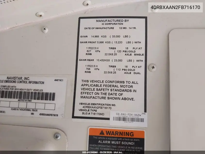 2015 Ic Corporation 3000 Re VIN: 4DRBXAAN2FB716170 Lot: 45250240
