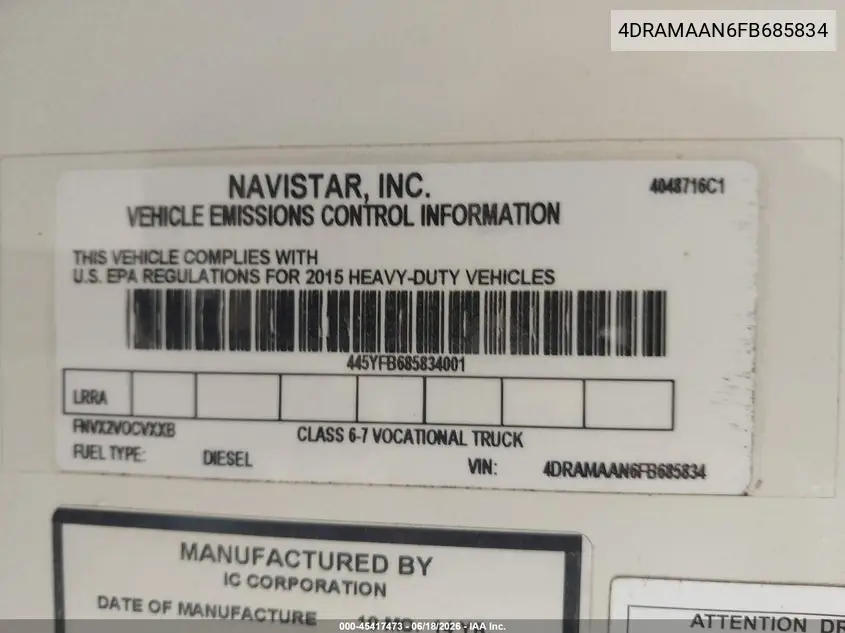 2015 Ic Corporation 3000 Ce VIN: 4DRAMAAN6FB685834 Lot: 45417473