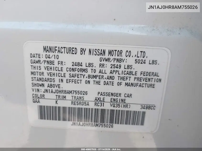 2010 Infiniti Ex35 Journey VIN: JN1AJ0HR8AM755026 Lot: 45607935