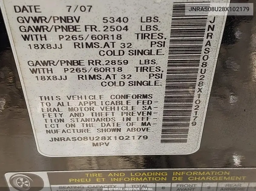 2008 Infiniti Fx35 VIN: JNRAS08U28X102179 Lot: 45168524
