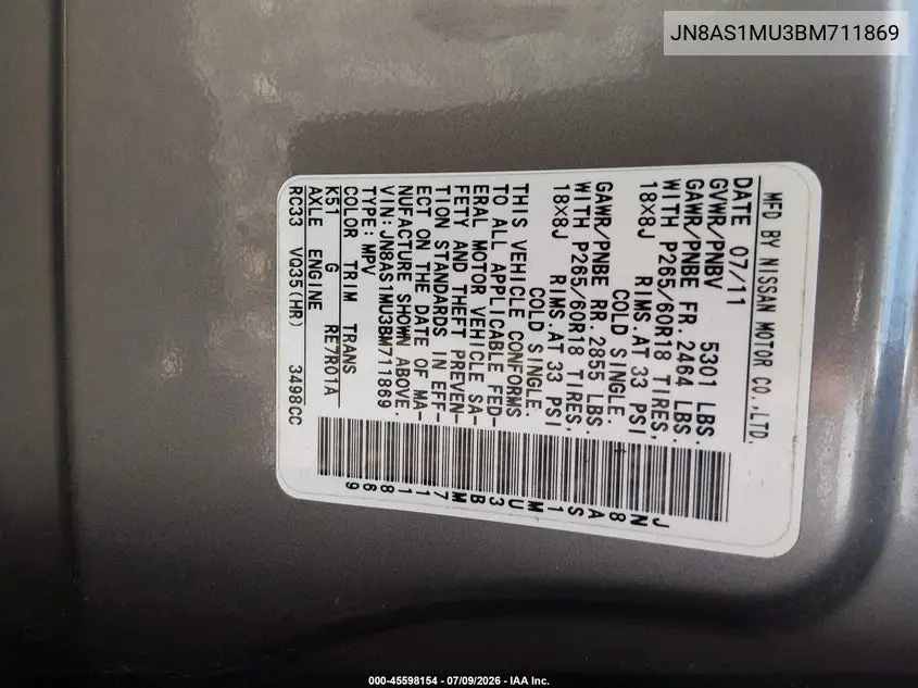 2011 Infiniti Fx35 VIN: JN8AS1MU3BM711869 Lot: 45598154