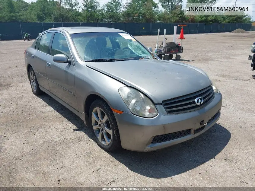 2006 Infiniti G35X VIN: JNKCV51F56M600964 Lot: 45602222